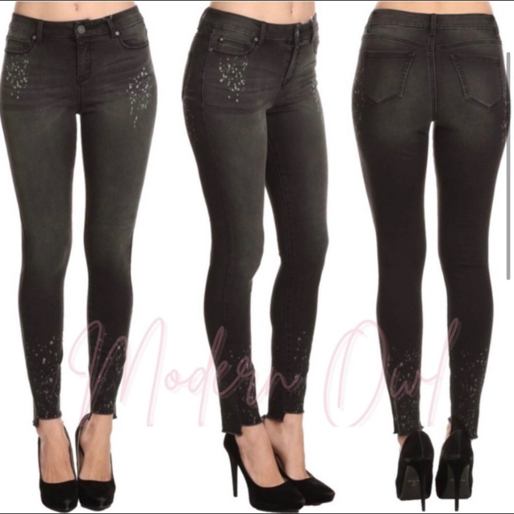 Super Stretch Ash Black Splatter Distressed Skinny Jeans